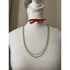 New Carisma Red Bow Choker Faux Pearl Gold Tone Double Chain Layered Necklace